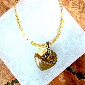 ARTESAN ORIGINAL JASPER PICASSA HEART PENDANT  SWAROVSKI BEADED NECKLACE